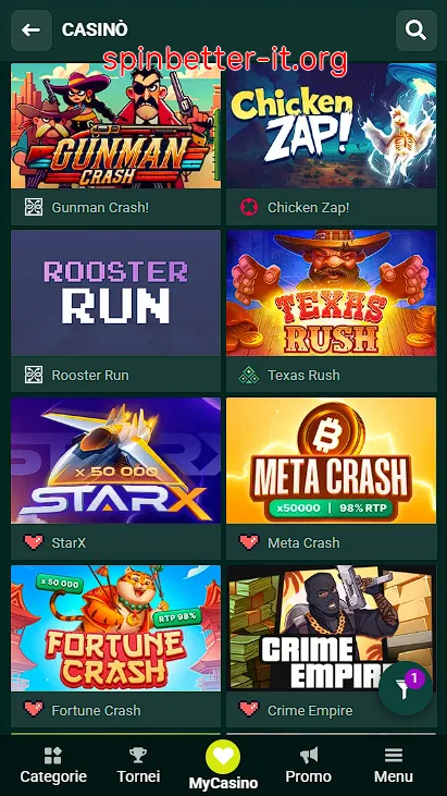 Catalogo dei giochi crash su SpinBetter