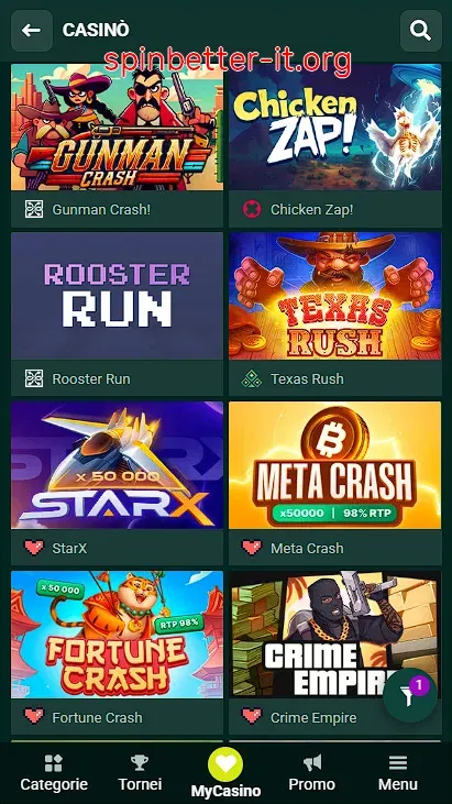 Catalogo dei giochi crash su SpinBetter