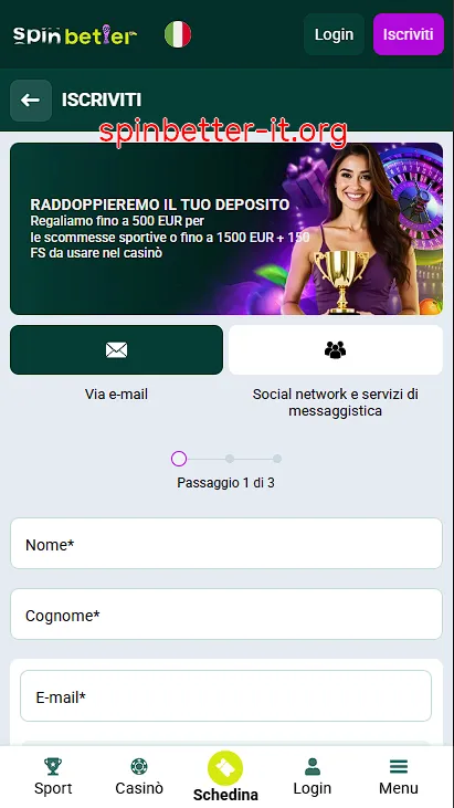 Registrazione SpinBetter via e-mail – passaggio 1