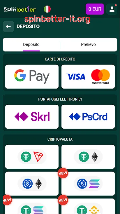 Metodi di deposito disponibili su SpinBetter Italia