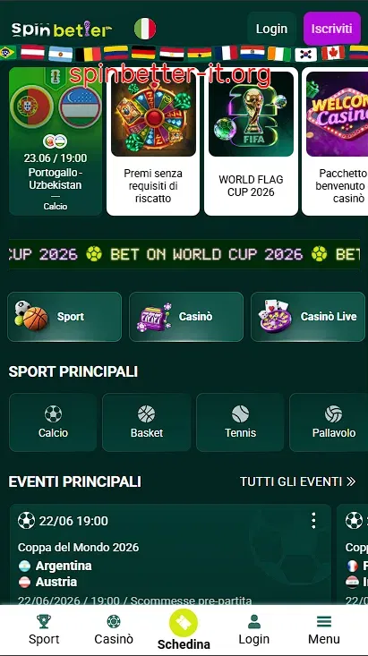Homepage mobile di SpinBetter Italia