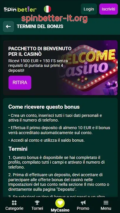 Termini del bonus di benvenuto del casinò SpinBetter